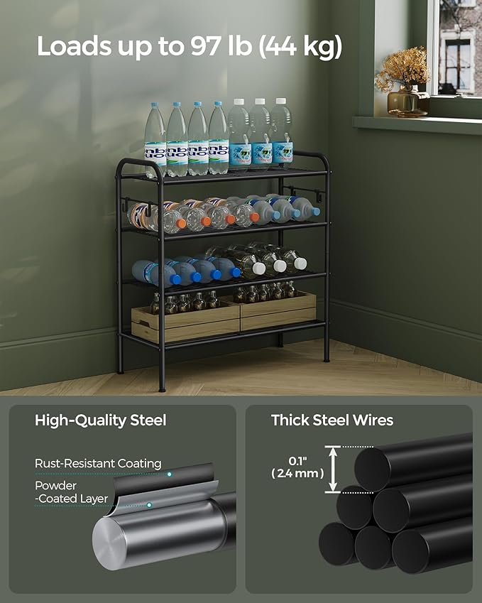 SONGMICS Shoe Rack, 4-Tier Shoe Organizer, Metal Shoe Shelf Storage with 4 Side Hooks, Holds 16 Pairs of Shoes, Height-Adjustable Shoe Rack for Entryway, Hallway, Closet, Easy Assembly, Ink Black