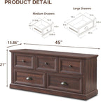 Farmhouse 5 Drawers Dresser for Bedroom, 45" Wide Chest of Drawers, 21" Tall Storage Closet Bench Storage Chest Storage Trunk, Wood Rustic Dresser for Closet, Living Room, Hallway, Brown