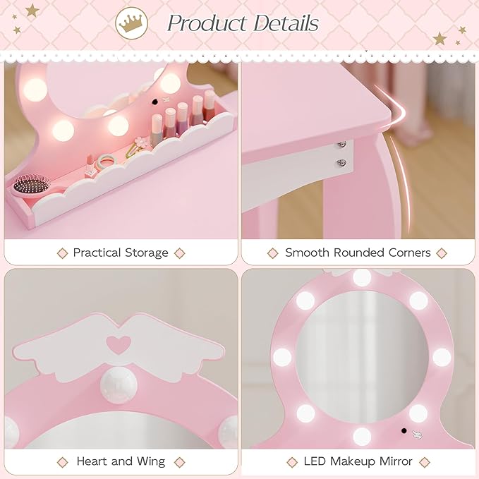 MU Kids Vanity Set with Lighted Mirror and Stool, Kids Make Up Vanity Desk with Storage Space, Wing Pattern for Little Girls, Toddler Princess Makeup Dressing Table with Chair Set, Pink