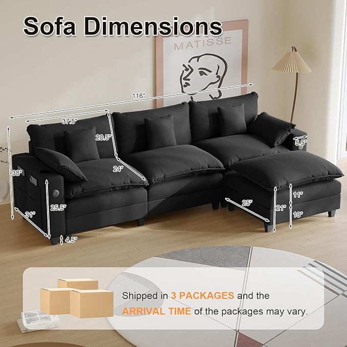 Cloud Couch, Modular Sectional Sofa with Ottoman, Charging Station, Throw Pillows, Cup Holders, Modern Convertible L Shaped Couches for Living Room, Bedroom (Classic Black, 116"- L Shape)