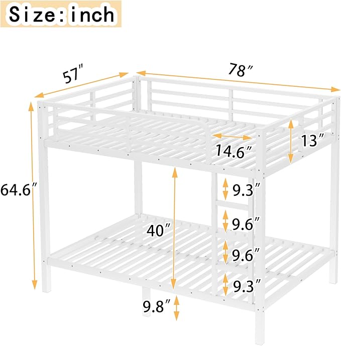 Bellemave Full Over Full Bunk Bed for Adults, Full Size Bunk Beds Frame with Build in Ladder and Full Length Guardrail, Easy Assemble Bunkbeds, Noise Reduced, Mattress Not Included, White