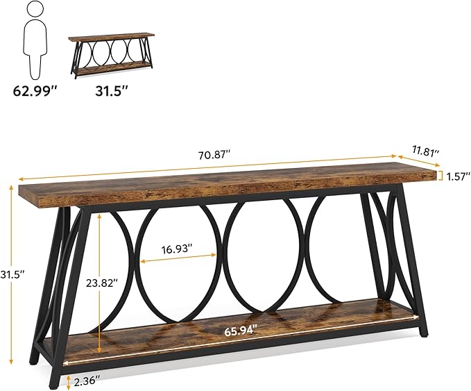 Tribesigns 2 Tiers Narrow Entryway Console Table, 71-Inch Long Industrial Wooden Sofa Table Behing The Couch with Storage Shelf and Metal Frame for Lving Room, Entrane, Hallway, Brown & Black