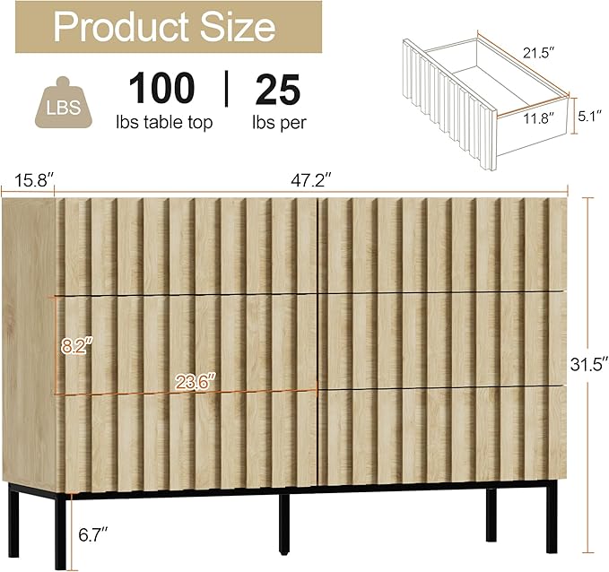 UEV Fluted Dresser for Bedroom with 6 Drawers, 47" Wide Large Chest of Drawers with Metal Stand, Mid-Century Wooden Dresser TV Stand, Closet Storage Organizer for Living Room, Hallway (Ivory White)