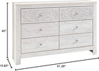 Signature Design by Ashley Paxberry Boho 6 Drawer Dresser, Smooth-gliding Faux Laminate Lined Drawers, Wood, 61.26" W x 15.83" D x 40" H, Whitewash