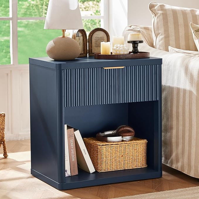 LEYAOYAO Fluted Farmhouse Nightstand Set of 2 with Charging Station, 23" Wide 1 Drawers End Table,Blue Dresser for Bedroom,Bed Side Table Chest of Drawers Cabinet,Wood Night Stand for Living Room