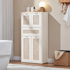 LEYAOYAO 48" Tall Storage Cabinet,Rattan Bathroom Floor Cabinets with 2 Doors & 1Drawer,Boho Kitchen Pantry with Adjustable Shelves,Wooden Cupboard for Living Room,Home Office,Dining,White Cream Oak