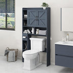 Vabches Over The Toilet Storage Cabinet, Farmhouse Storage Cabinet Over Toilet with 2 Barn Door & Toilet Paper Holder Stand，Home Space-Saving Toilet Rack, for Bathroom, Restroom, Laundry,Blue