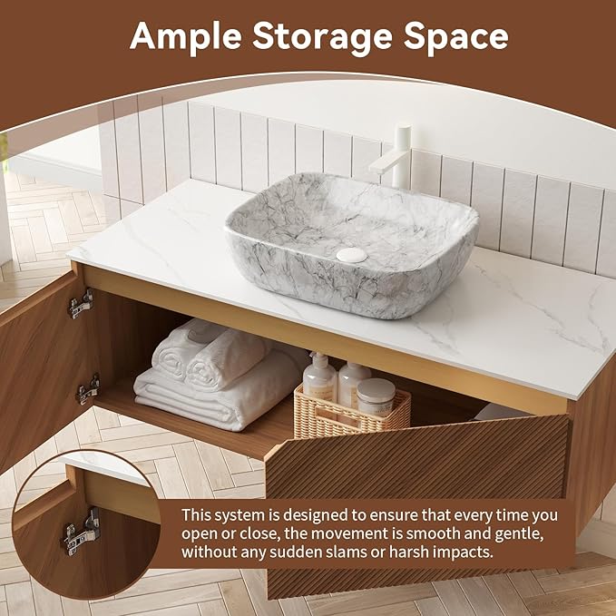 48 Inch Bathroom Vanity with Sink, Floating Fluted Vanity with Vessel Sink, Modern Wall Mounted Bathroom Vanity Cabinet with 2 Doors, Oval Marble Vessel Ceramic Sink & Sintered Stone Top, Oak