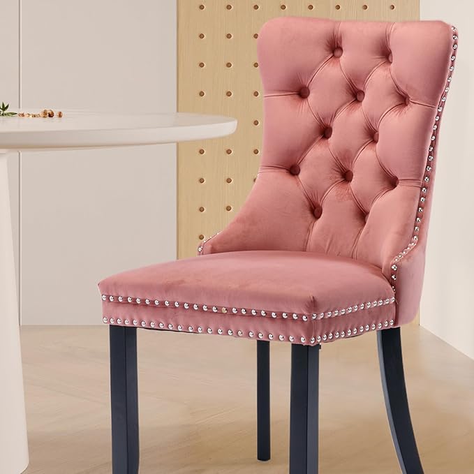 Velvet Upholstered Dining Chairs Set of 4, Modern Style Kitchen Side Chairs with Nailhead Trim and Wood Legs,Metal Pulling Ring for Dining Room Living Room(Pink,Set of 4)