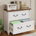 Lateral File Cabinet 2 Drawers Farmhouse File Cabinet for Letter/A4/Legal Size Hanging Files, Large Rustic White File Storage Cabinets Printer Stand with 4 Solid Wood Feet &Column Decor for Office