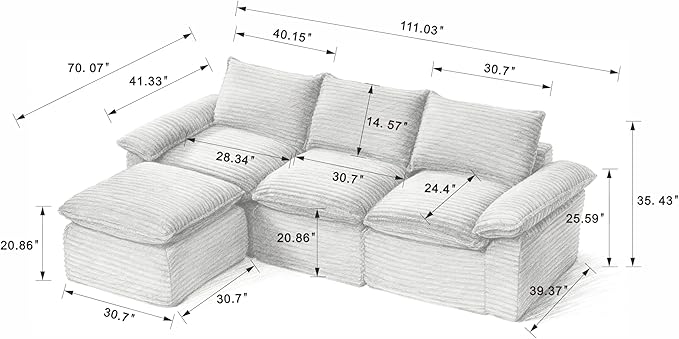 113.03" Sectional Couches for Living Room Modern Modular Sofa with L-Shape Couchs Upholstered Corduroy Boneless Couch Deep Seat Cloud Couch with Ottoman, No Assembly Required, Black