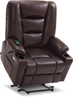 MCombo Oversized Power Lift Recliner Chair with Massage and Heat for Big and Tall Elderly People, Cup Holders, USB Ports, Side Pockets, Faux Leather R7541 (Dark Brown, Large-Oversize)