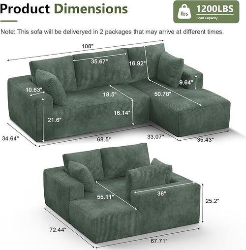 108” Cloud Sectional Couch, Modular Sectional Sofa with Deep Seat, Corduroy Boneless Couches with Chaise for Living Room Bedroom, No Assembly Required