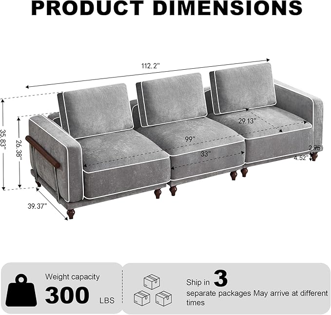 112" Cloud Modular Sectional Sofa,Oversized Deep 3 Seater Couch with Armrests Wooden Legs,Comfy Thicked Cushion Upholstered Sofa for Living Room Bedroom,Light Grey