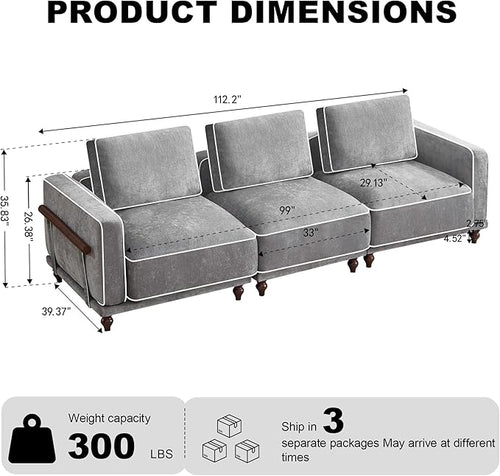 112" Cloud Modular Sectional Sofa,Oversized Deep 3 Seater Couch with Armrests Wooden Legs,Comfy Thicked Cushion Upholstered Sofa for Living Room Bedroom,Light Grey