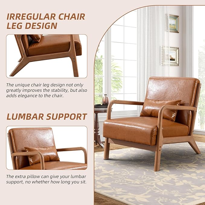 Accent Chair Mid Century Modern Chair PU Leather Living Room Chairs with Solid Wood Frame Comfy Upholstered and Lumbar Pillow Reading Side Chair Easy Assembly for Living Room Set of 2, PU Brown