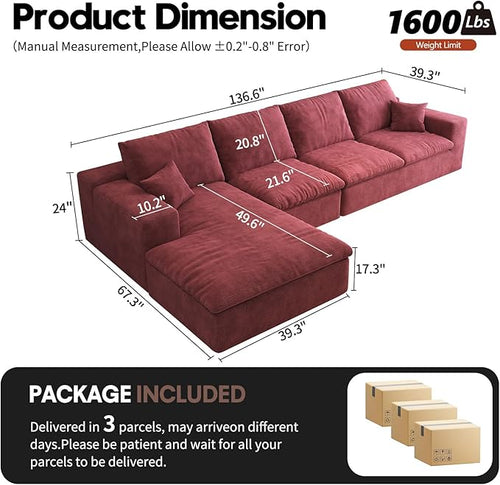 136.6'' L-Shaped Modern Modular Sectional Cloud Couch, 4-Seat Chenille Deep-Seat Sofa with Pillow for Living Room, Bedroom, Apartment, Wine Red