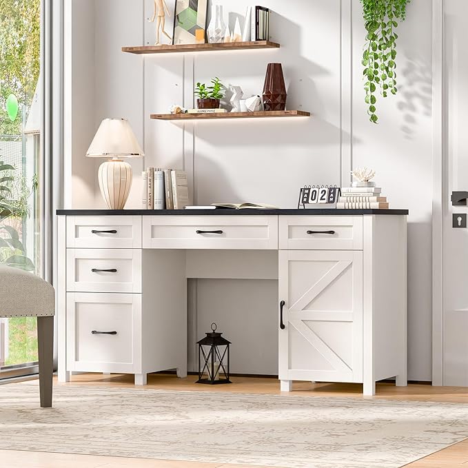 Vabches Farmhouse 61'' Executive Desk with 5 Drawers, Rustic Office Desk Computer Table with Charging Station, File Drawers and Storage Cabinet, Wood Workstation for Study and Home Office, Black