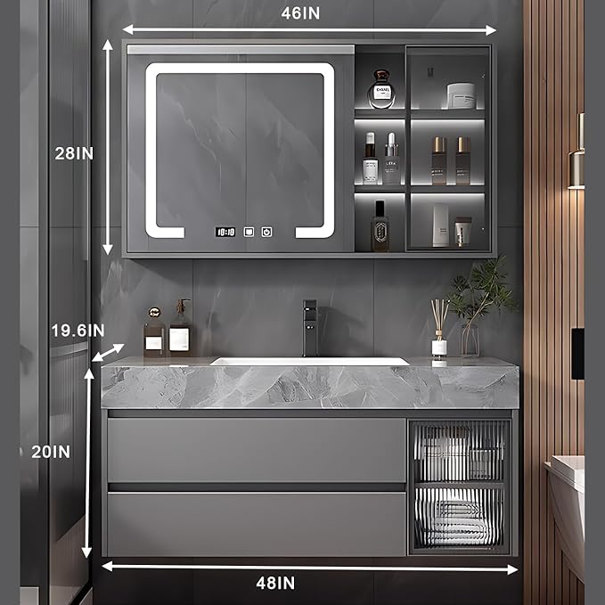 Gray 48IN Modern Bathroom Vanity - Wall-Mounted Bathroom Storage Cabinet & Bathroom Vanity with Sink, Bathroom Medicine Cabinet Wall Mounted, Defogging & Led Lighting | Bathroom Cabinet Slim