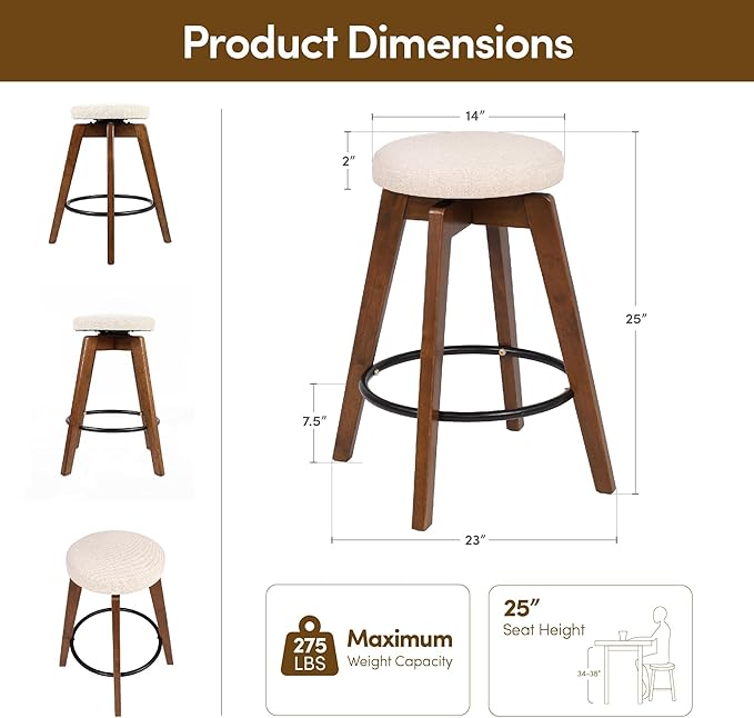Swivel Premium Solid Wood Counter Stool 25", Set of 2, 360° Rotating Upholstered Cushion, Backless Bar Chair for Island, Pub, Kitchen, Dining Room (Walnut)