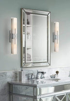 Possini Euro Design Midtown Mid Century Modern Wall Mount Light Chrome Silver Metal 23 1/2" Wide 2-Light Vanity Fixture Rectangular White Glass Shades Decor for Bathroom Over Mirror House Home
