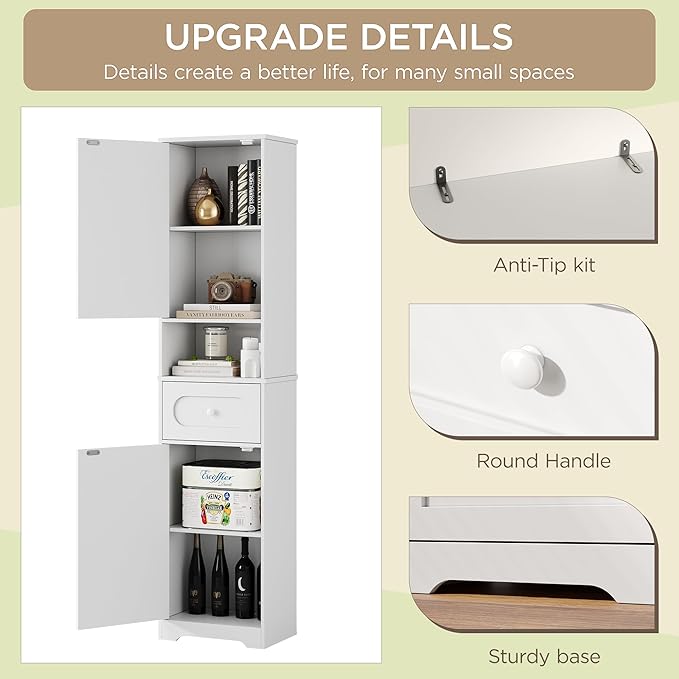 Maupvit 65" Tall Bathroom Storage Cabinet, Narrow Storage Cabinet with 2 Doors and Drawer, Bathroom Organizers with Adjustable Shelves for Living Room, Entryway, White