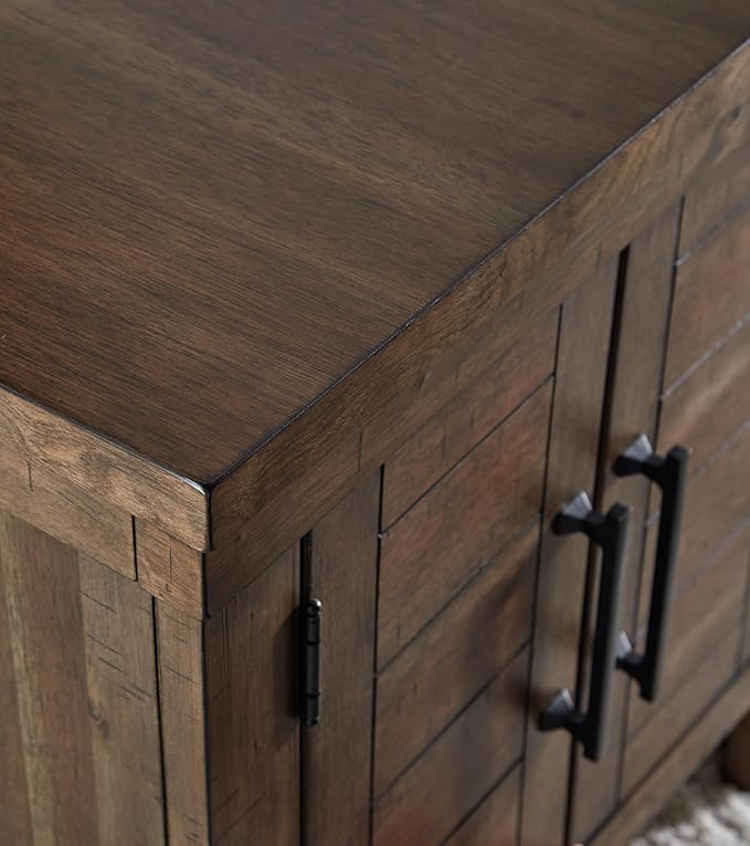 Signature Design by Ashley Moriville Rustic Farmhouse Rectangular End Table with Dual Cabinet Doors, Antique Bronze-Tone Hardware, Wood, 25" High, Brown