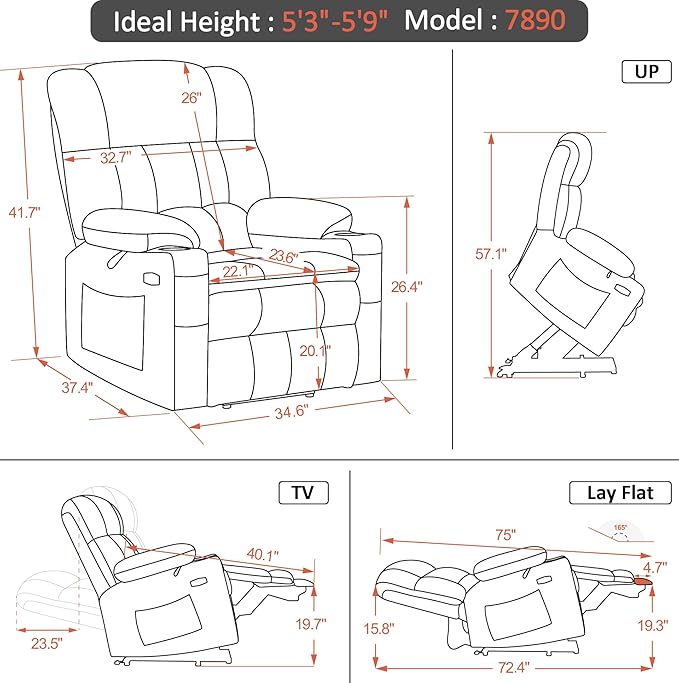 MCombo Dual Motor Power Lift Recliner Chair for Elderly, Lay Flat Lift Chair with Heat and Massage, Cup Holders, USB Ports, Faux Leather 7890 (Blue, Medium)
