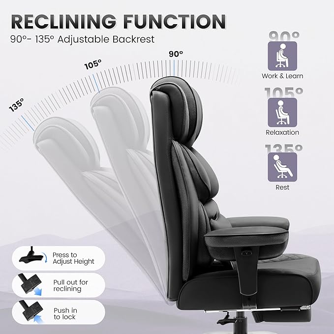 Office Desk Chair, Big and Tall Leather Gaming Chair with Footrest, Wide Ergonomic Comfy Executive High-Back Reclining Computer Chairs, Swivel Rolling Wheels and Lumbar Support, Matte Black