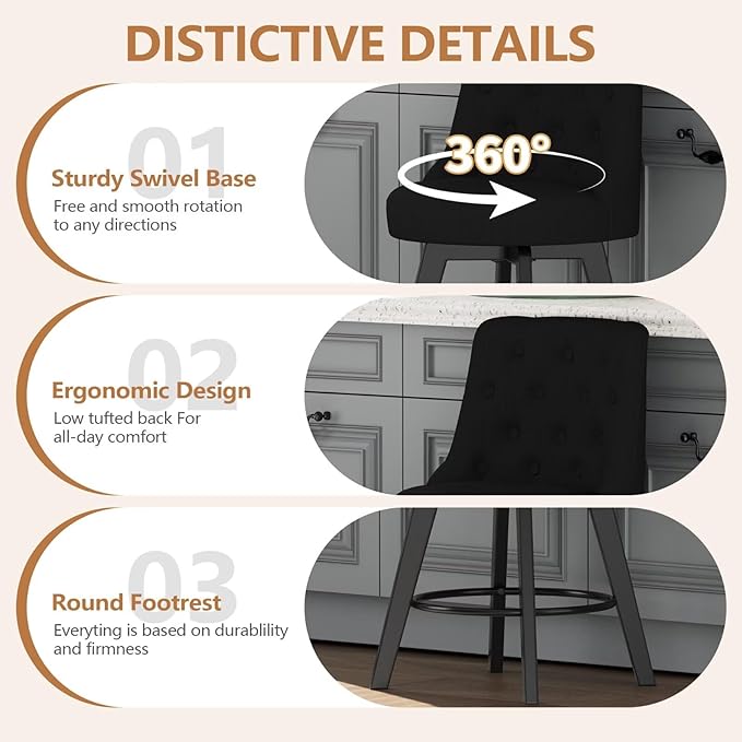 MINCETA Set of 2 Upholstered Bar Stools - 26 Inch Swivel Counter Height Stools with Low Tufted Back, Footrest & Performance Fabric - Round Seat for Kitchen Island & Home Bar Black