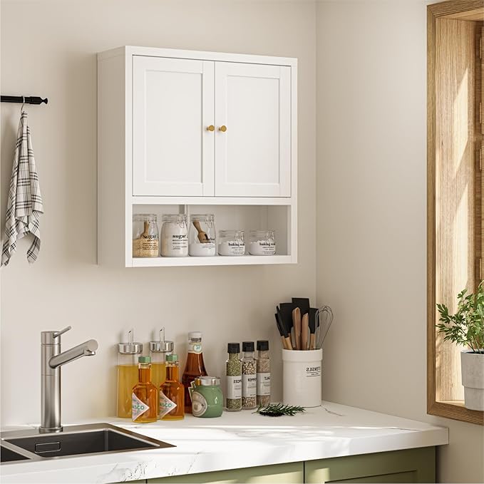 Metal Wall Cabinet, Over The Toilet Storage Cabinets, Wall Mounted Medicine Cabinets for Bathroom, Laundry, Kitchen, Entryway (White, 23.6" H-Wall Cabinet)