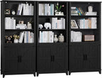 70in Tall Bookshelf 5 Tier Bookcase with Barn Doors and Adjustable Shelves, Black Farmhouse Book Shelf with Storage Cabinet, Wood Freestanding Display Bookshelves for Bedroom, Kitchen (3PCS)
