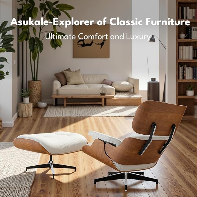 Top Grain Leather, Mid Century Chaise Lounge Chair and Ottoman, Modern Chair Classic Design, Heavy Duty Base Support for Living Room Study Lounge Office, Walnut-White, Heightening