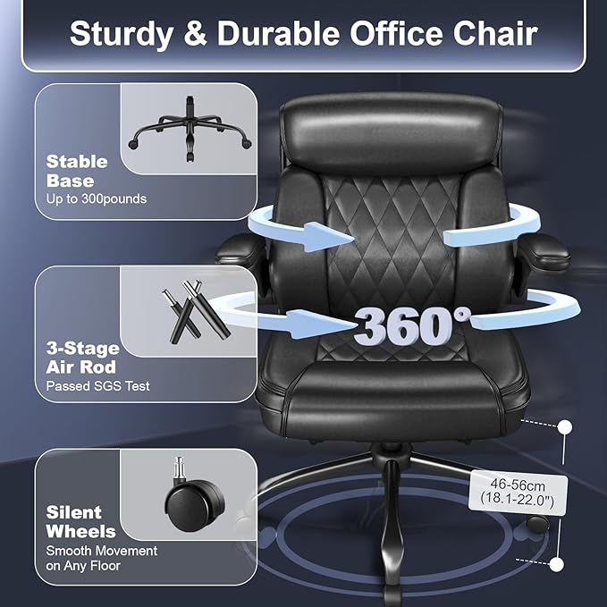 AnyGod Executive Leather Office Chair, Ergonomic Mid-Back Desk Chairs Comfy for Home Office with Flip-up Armrests, Lumbar Support, Adjustable Height and Swivel Rolling Wheels