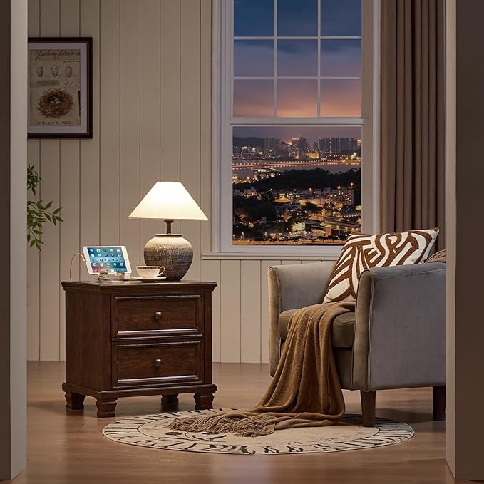 Farmhouse Nightstand Set of 2, Rustic Low Nightstands with 2 Drawers & Charging Station, Vintage Night Stands with 4 Square Solid Wood Legs, Small Dresser for Bedroom, Home, Walnut