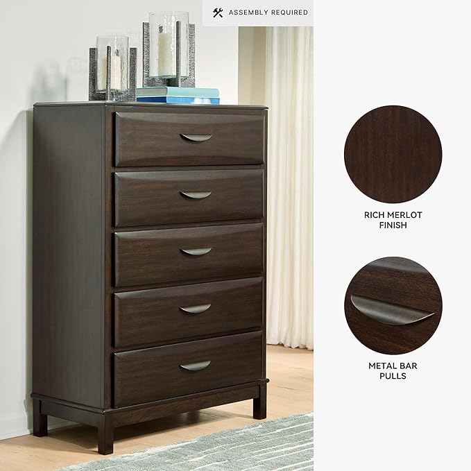 Signature Design by Ashley Vanmore Contemporary 5-Drawer Chest with Felt-Lined Top Drawer and Easy Glide for Bedroom, Dark Brown