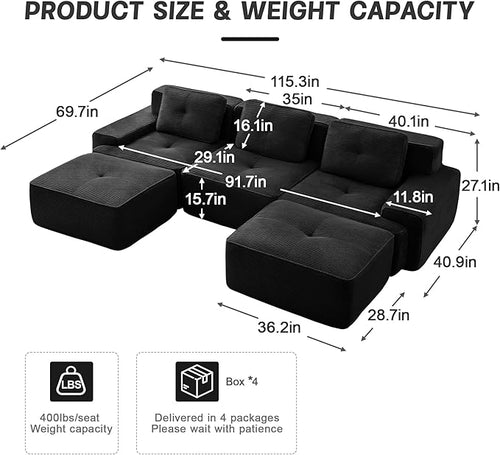 115.3” Black Boneless Couches for Living Room, Modular Sectional Sofa with U-Shape Chaise, 3 Seater Comfy Upholstered Deep Seat Corduroy Fabric Cloud Couch No Assembly, Anti-Slip Design
