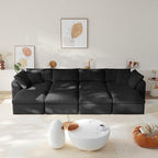 138" Boneless Cloud Couch Modular Sectional Sofa with Deep Seat for Living Room, L Shape Couch with Ottoman, Snowflake Cloth and 40D Memory Sponge，2 Throw Pillows (Black, 4 Seater+4 Ottoman)