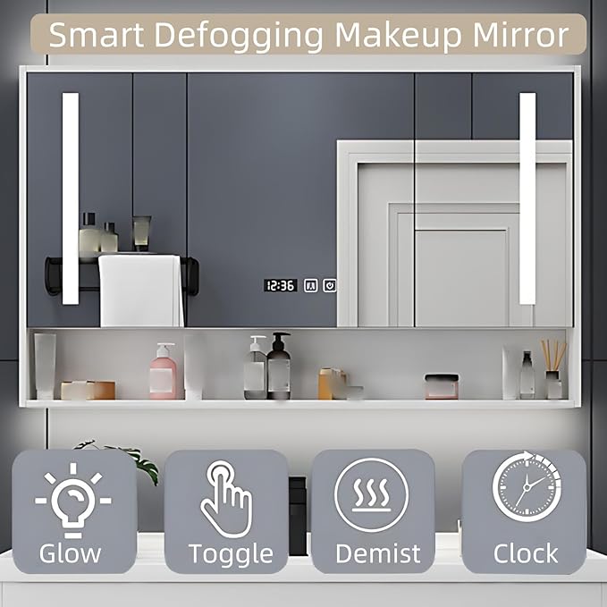 60IN Modern Bathroom Vanity - LED Intelligent Mirror Cabinet Includes Time Display & Defogging | Bathroom Cabinet with Sink & Open Storage Compartments, Ceramic Washbasin, 4 Drawers (Style A)