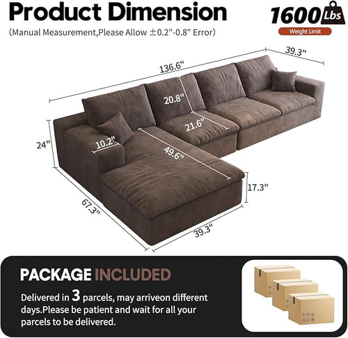 136.6'' L-Shaped Modern Modular Sectional Cloud Couch, 4-Seat Chenille Deep-Seat Sofa with Pillow for Living Room, Bedroom, Apartment, Camel