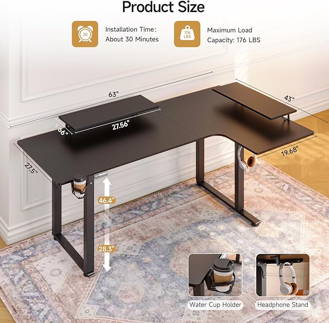 L Shaped Standing Desk, 63x43'' Electric L Stand Up Desk with 2 Adjustable Monitor Shelves, Dual Motor and Memory Controller, Adjustable Height from 28-46'' for Home and Computer Workstation, Black