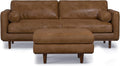 SIMPLIHOME Morrison Mid-Century Modern 89 inch Wide Sofa with Ottoman Set in Caramel Brown Genuine Leather for the Living Room and Family Room