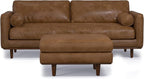 SIMPLIHOME Morrison Mid-Century Modern 89 inch Wide Sofa with Ottoman Set in Caramel Brown Genuine Leather for the Living Room and Family Room