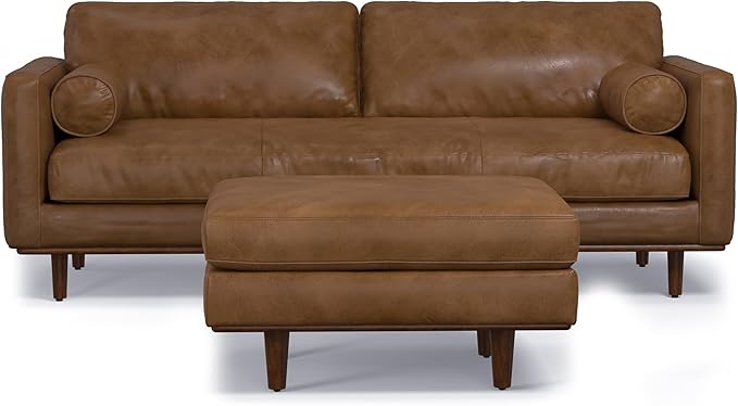 SIMPLIHOME Morrison Mid-Century Modern 89 inch Wide Sofa with Ottoman Set in Caramel Brown Genuine Leather for the Living Room and Family Room