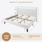 SHA CERLIN King Size Bed Frame with Charging Station and LED Lights, Modern Velvet Platform Bed with Upholstered Geometric Wingback Headboard, No Box Spring Needed, Easy Assembly, White
