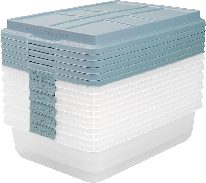 Hefty HI-RISE 40 Qt Stackable Storage Bins with Lids – 6 Pack Clear Plastic Under Bed Storage Containers, Shoe Organizer Boxes with XL Lid-Locking Latches, Comfort-Grip Handles, Durable Double Rim