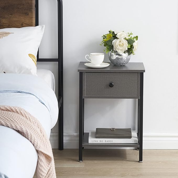 VECELO End Tables, Modern Nightstand with Drawer & Shelf, Night Stand for Bedroom Living Room,Industrial Metal Frame