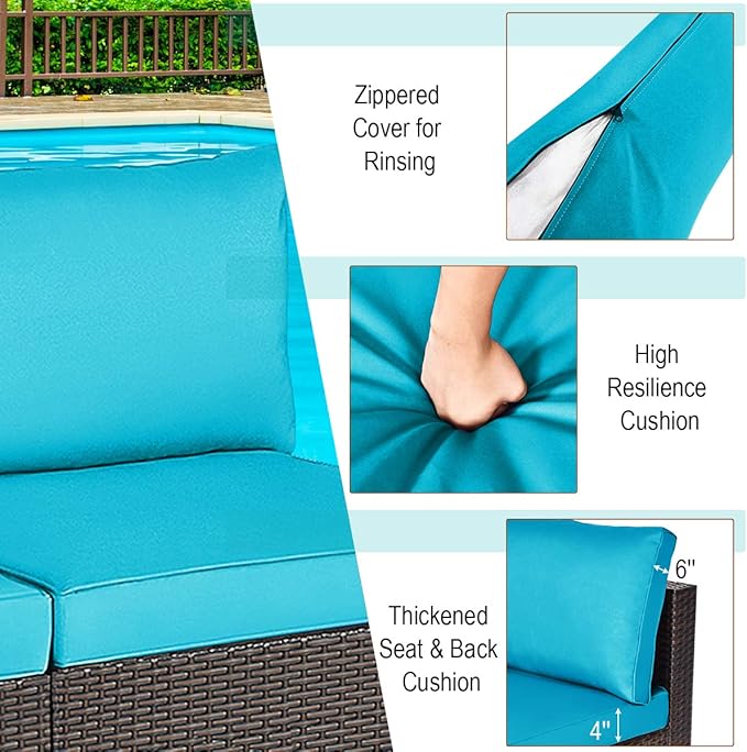 COSTWAY 2PCS PE Rattan Armless Sofa, Wicker Patio Conversation Set Chairs with Soft Cushion, Outdoor Sectional Furniture for Yard, Poolside (Turquoise)