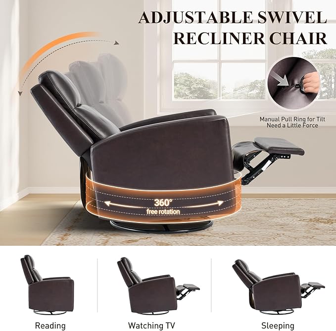 Swivel Rocking Recliner,Wide PU Leather Glider Sofa Chair with Ergonomic High Backrest for Bedroom,Living Room（Chocolate Brown）