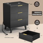 Lulive Wood Nightstand Set of 2 Fluted Dresser for Bedroom 3 Drawers Night Stand with Charging Station, Storage Modern Side Table Black